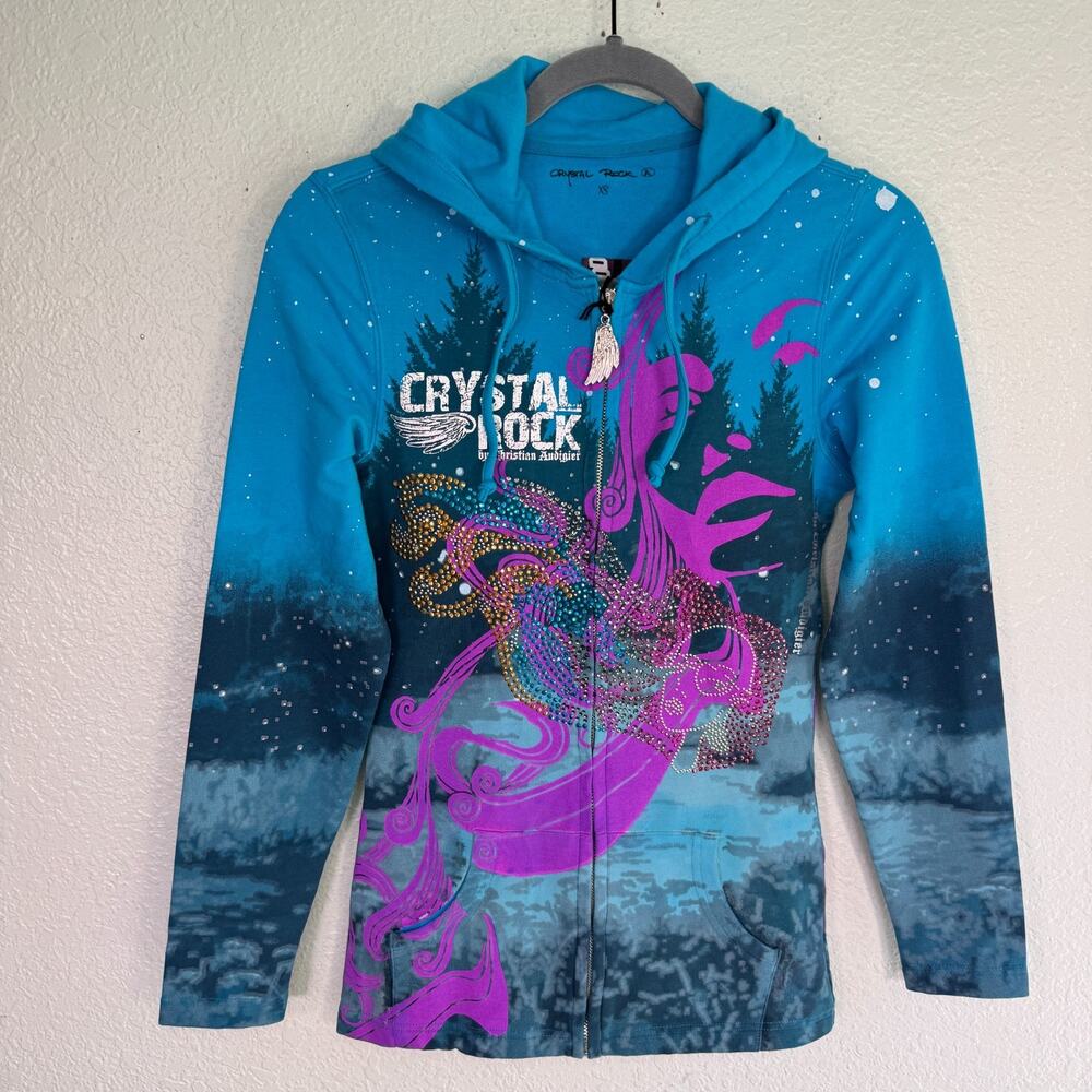 Christian Audigier Y2K Jacket Womens XS Crystal Rock Rhinestone Art Hoodie NEW